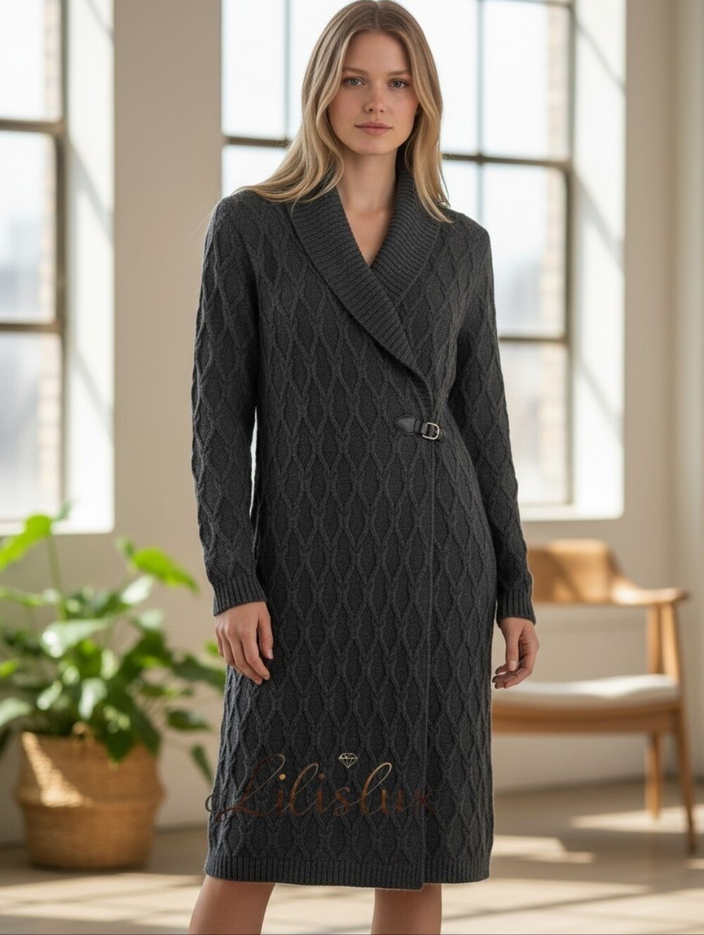 Calvin Klein Gray Shawl Collar Faux Wrap Dress With Leather Detail At Waist XL
